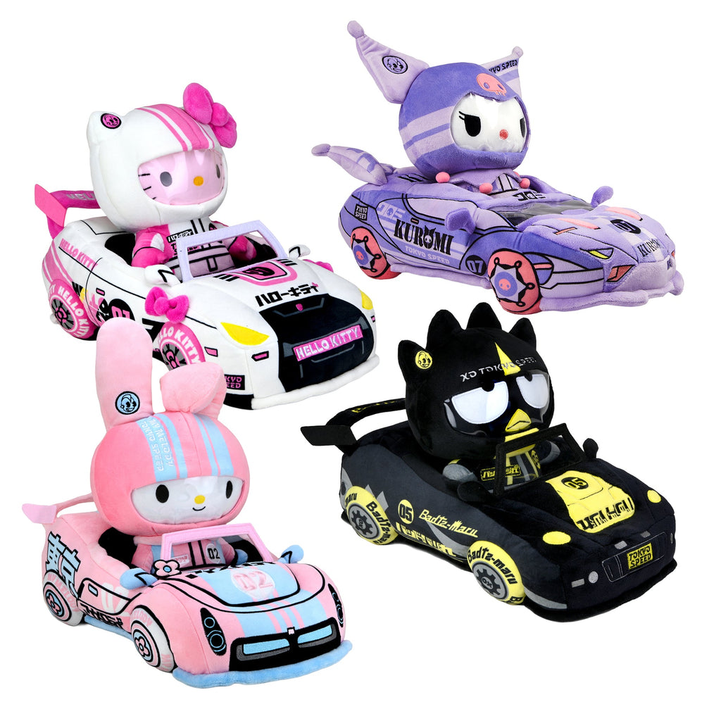 Hello Kitty® and Friends Tokyo Speed Racer 13" Plush 4-Pack Bundle - Badtz-maru®, Hello Kitty, Kuromi & My Melody® (PRE-ORDER)