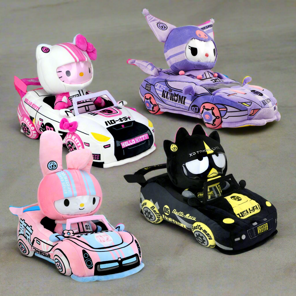 Hello Kitty® and Friends Tokyo Speed Racer 13" Plush 4-Pack Bundle - Badtz-maru®, Hello Kitty, Kuromi & My Melody® (PRE-ORDER)